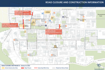 Upcoming road closures on UBC Vancouver campus as of January 31, 2023