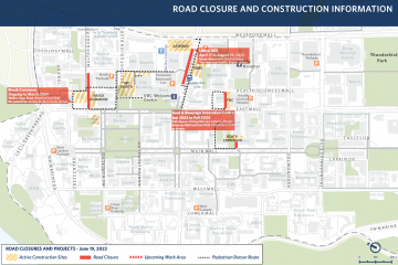 Upcoming road closures on UBC Vancouver campus as of June 19, 2023